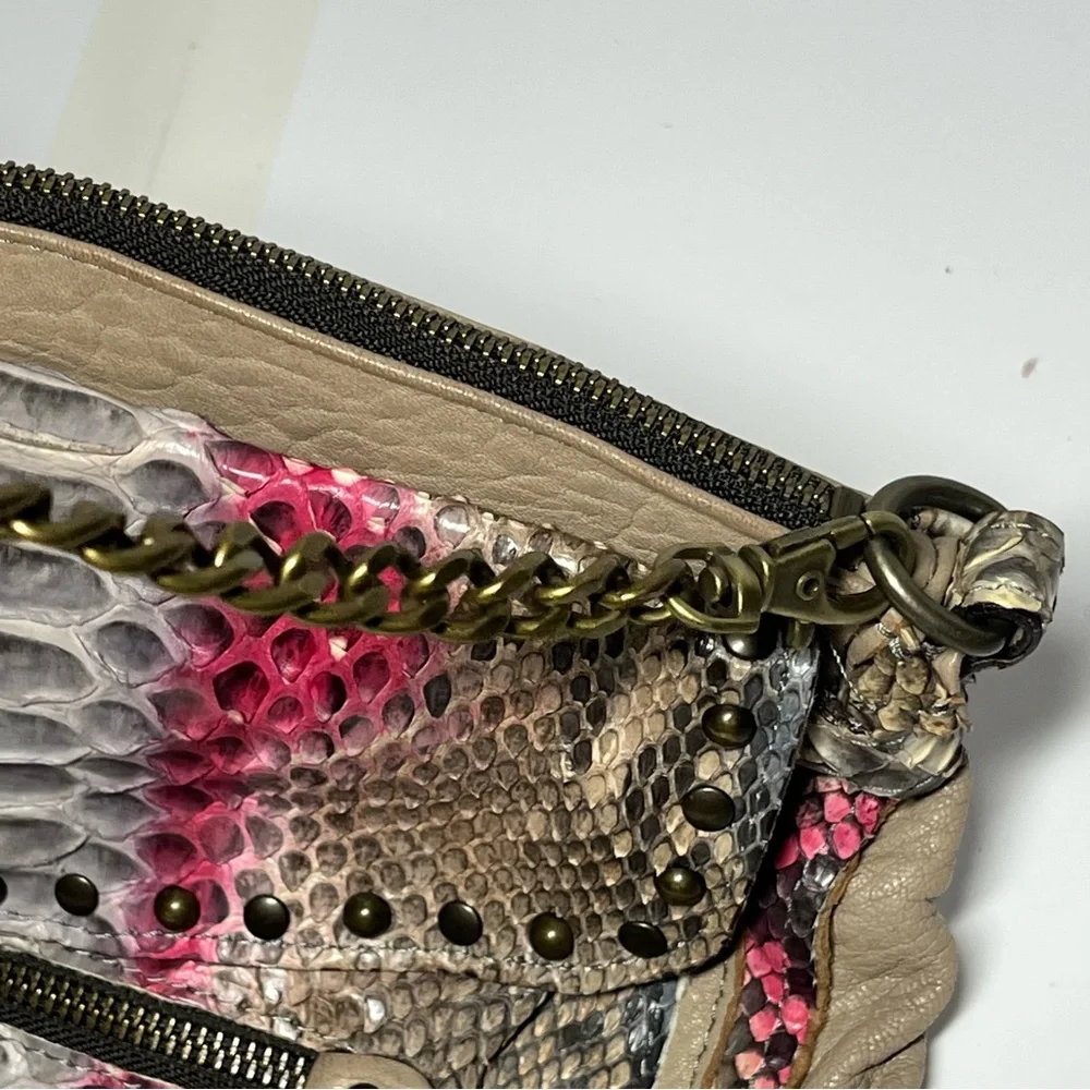 ABACO Paris Made France Leather Python Embossed Chain Crossbody Bag Pink Taupe